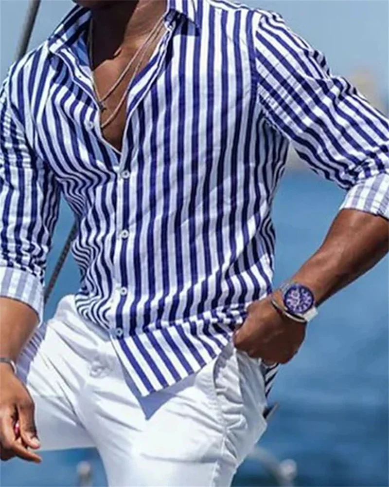 2023 New men's long-sleeved blue striped printed shirt men's social luxury men's clothing Hawaiian elegant classic fashion 6XL 2023 New men's long-sleeved blue striped printed shirt men's social luxury men's clothing Hawaiian elegant classic fashion 6XL