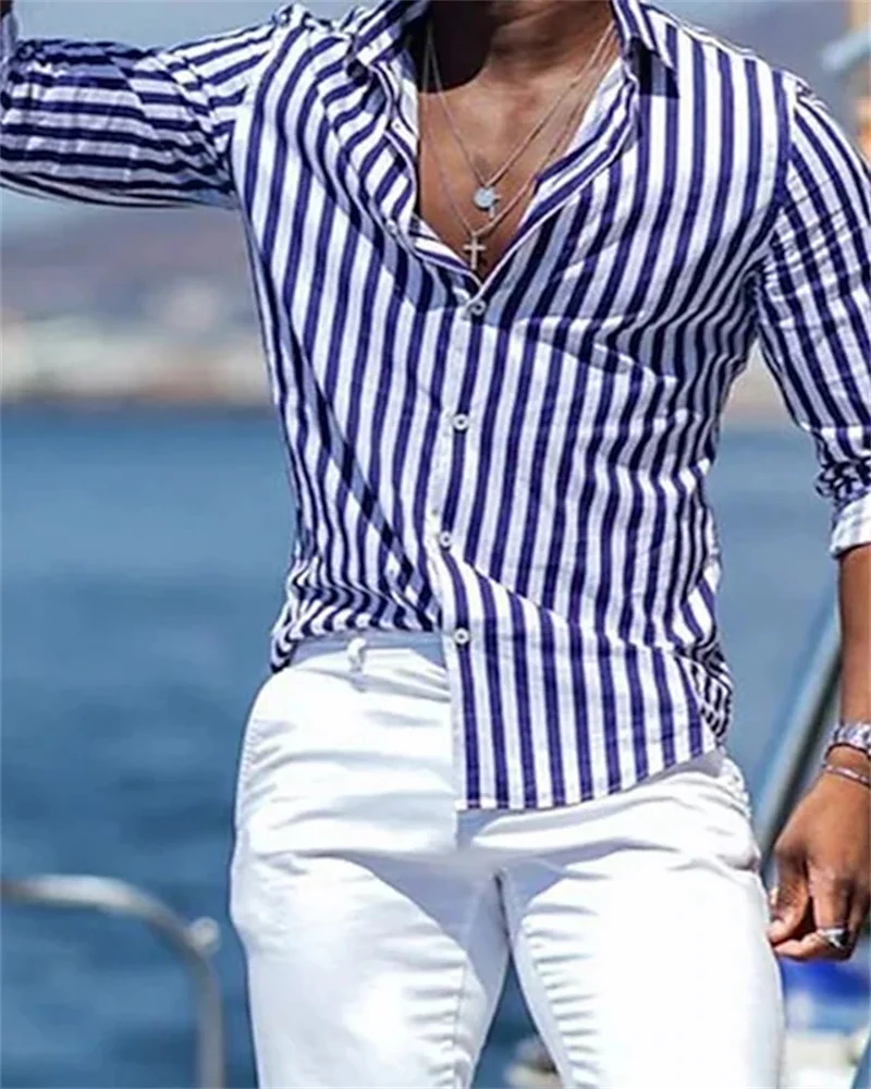 2023 New men's long-sleeved blue striped printed shirt men's social luxury men's clothing Hawaiian elegant classic fashion 6XL 2023 New men's long-sleeved blue striped printed shirt men's social luxury men's clothing Hawaiian elegant classic fashion 6XL