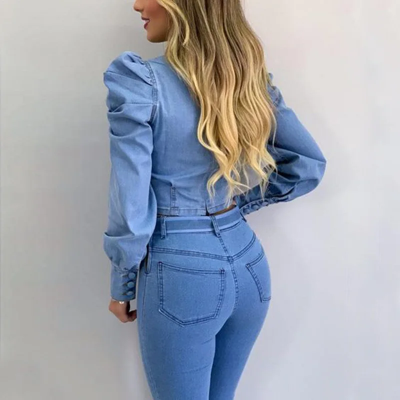 Denim Blue Women blouse Round Neck Puff Sleeve Corset Top Long Sleeve Shirt Sexy Tops Blouses Denim Top Shirt Sweetheart Slim