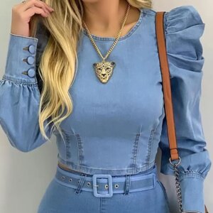 Denim Blue Women blouse Round Neck Puff Sleeve Corset Top Long Sleeve Shirt Sexy Tops Blouses Denim Top Shirt Sweetheart Slim