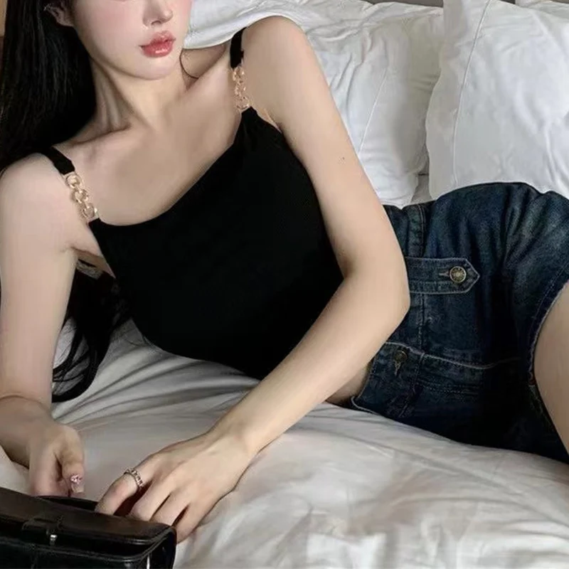 Sexy Women's Top Blouse Crop Top Slim Fitting Camisole Chest Padded Metal Strap Short T-shirt Fashion Woman Blouse 2023 Y2k Tops