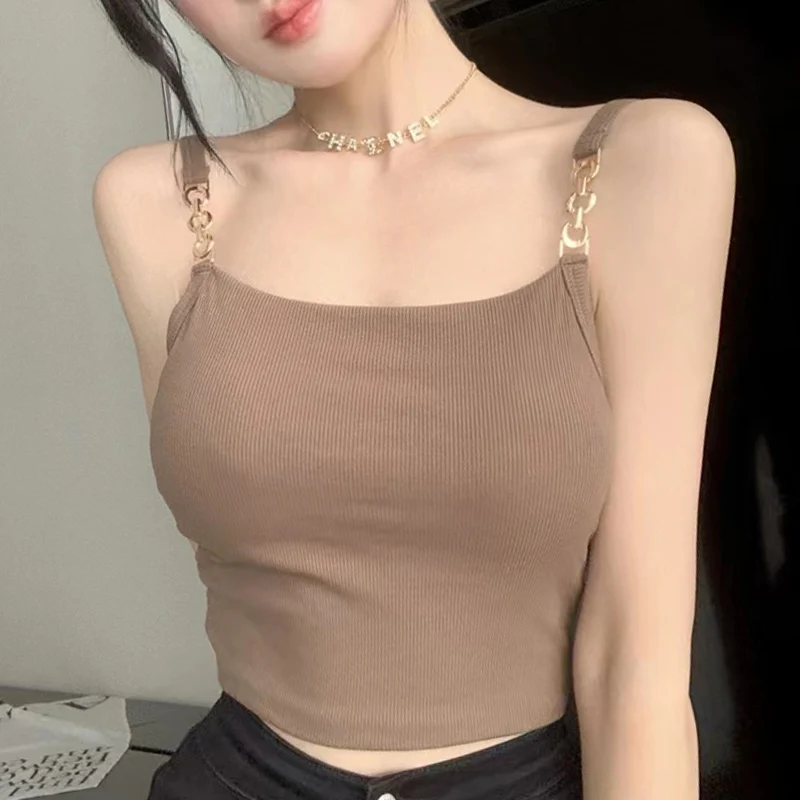Sexy Women's Top Blouse Crop Top Slim Fitting Camisole Chest Padded Metal Strap Short T-shirt Fashion Woman Blouse 2023 Y2k Tops