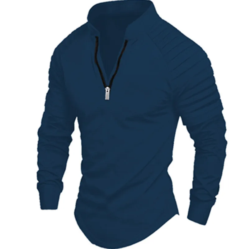 Men's long-sleeved polo shirt zipper standing collar arm pleated solid color shirt sports casual slim fashion men's wear