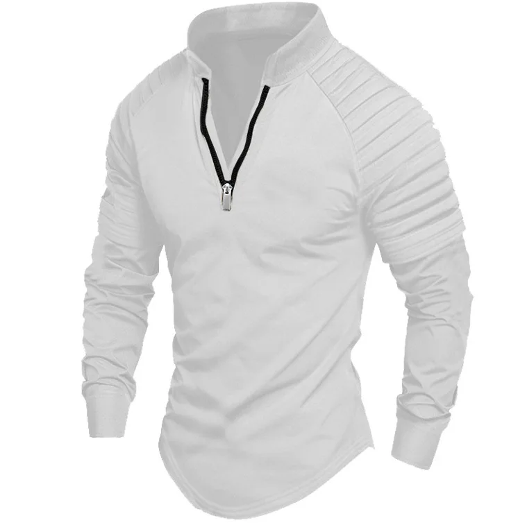 Men's long-sleeved polo shirt zipper standing collar arm pleated solid color shirt sports casual slim fashion men's wear Men's long-sleeved polo shirt zipper standing collar arm pleated solid color shirt sports casual slim fashion men's wear