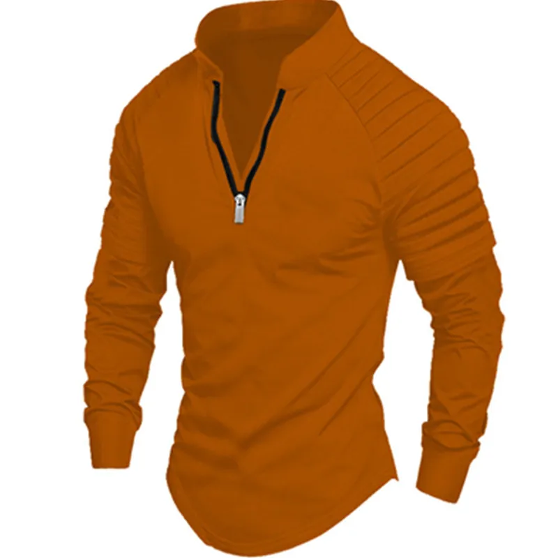Men's long-sleeved polo shirt zipper standing collar arm pleated solid color shirt sports casual slim fashion men's wear