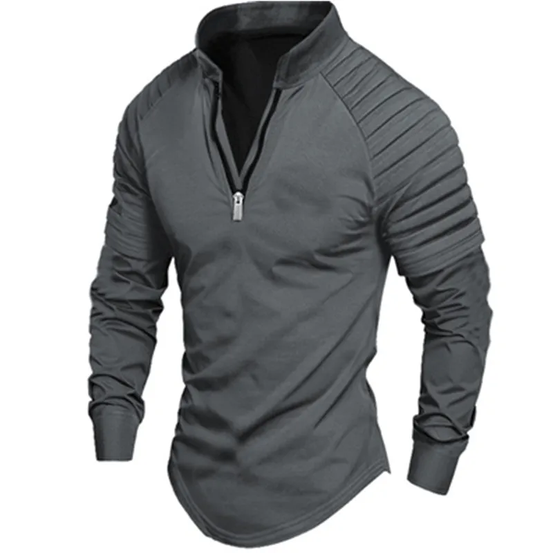Men's long-sleeved polo shirt zipper standing collar arm pleated solid color shirt sports casual slim fashion men's wear