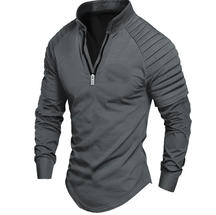 Men's long-sleeved polo shirt zipper standing collar arm pleated solid color shirt sports casual slim fashion men's wear Men's long-sleeved polo shirt zipper standing collar arm pleated solid color shirt sports casual slim fashion men's wear