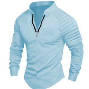 Men's long-sleeved polo shirt zipper standing collar arm pleated solid color shirt sports casual slim fashion men's wear
