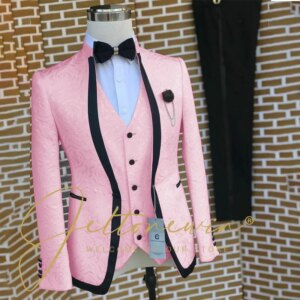 Formal Men Suits Pink Jacquard Stand Collar Slim Fit Blazer Elegant Wedding Prom Party Tuxedo 3 Piece Jacket Vest Pants Sets