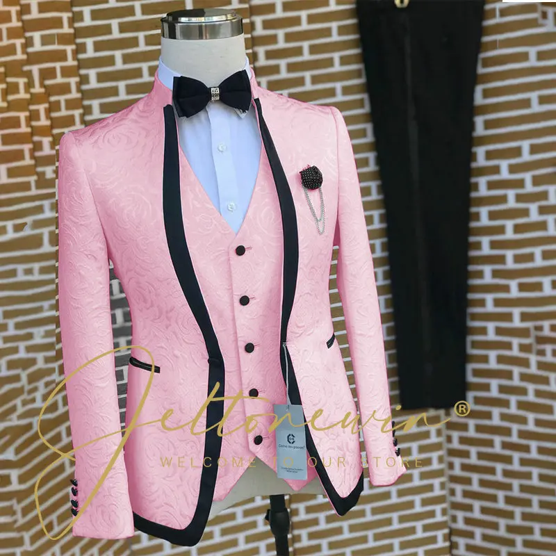 Formal Men Suits Pink Jacquard Stand Collar Slim Fit Blazer Elegant Wedding Prom Party Tuxedo 3 Piece Jacket Vest Pants Sets