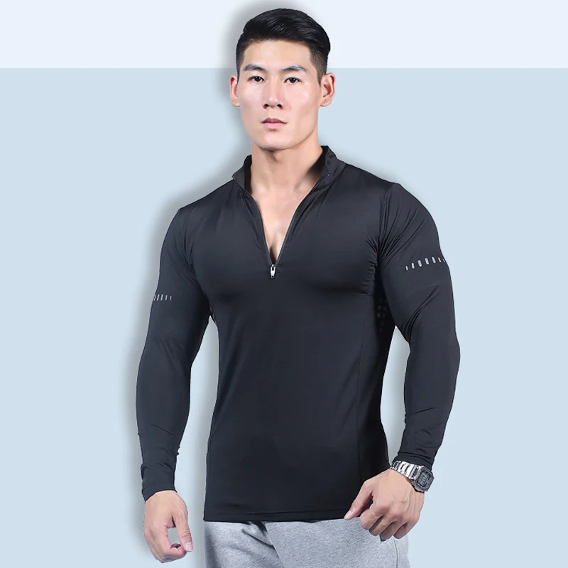 Quick Dry breathable Running Shirt Men Bodybuilding Sport T-shirt Long Sleeve zipper stand collar Gym Fitness T shirt Quick Dry breathable Running Shirt Men Bodybuilding Sport T-shirt Long Sleeve zipper stand collar Gym Fitness T shirt