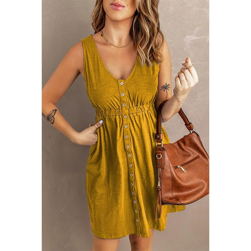 Womens Summer Sleeveless Dress Button Down Elastic Waist Swing Loose Plain Short Dresses Casual Tank Tops Dresses Plus Size Womens Summer Sleeveless Dress Button Down Elastic Waist Swing Loose Plain Short Dresses Casual Tank Tops Dresses Plus Size