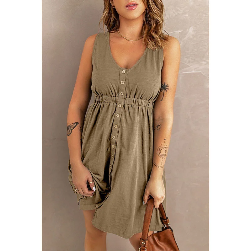 Womens Summer Sleeveless Dress Button Down Elastic Waist Swing Loose Plain Short Dresses Casual Tank Tops Dresses Plus Size Womens Summer Sleeveless Dress Button Down Elastic Waist Swing Loose Plain Short Dresses Casual Tank Tops Dresses Plus Size
