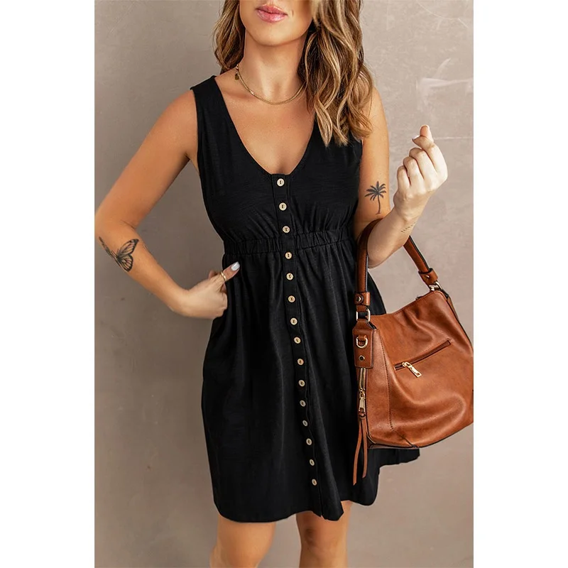 Womens Summer Sleeveless Dress Button Down Elastic Waist Swing Loose Plain Short Dresses Casual Tank Tops Dresses Plus Size Womens Summer Sleeveless Dress Button Down Elastic Waist Swing Loose Plain Short Dresses Casual Tank Tops Dresses Plus Size