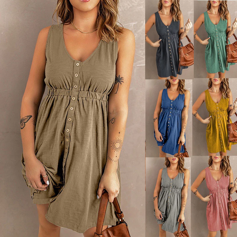 Womens Summer Sleeveless Dress Button Down Elastic Waist Swing Loose Plain Short Dresses Casual Tank Tops Dresses Plus Size Womens Summer Sleeveless Dress Button Down Elastic Waist Swing Loose Plain Short Dresses Casual Tank Tops Dresses Plus Size