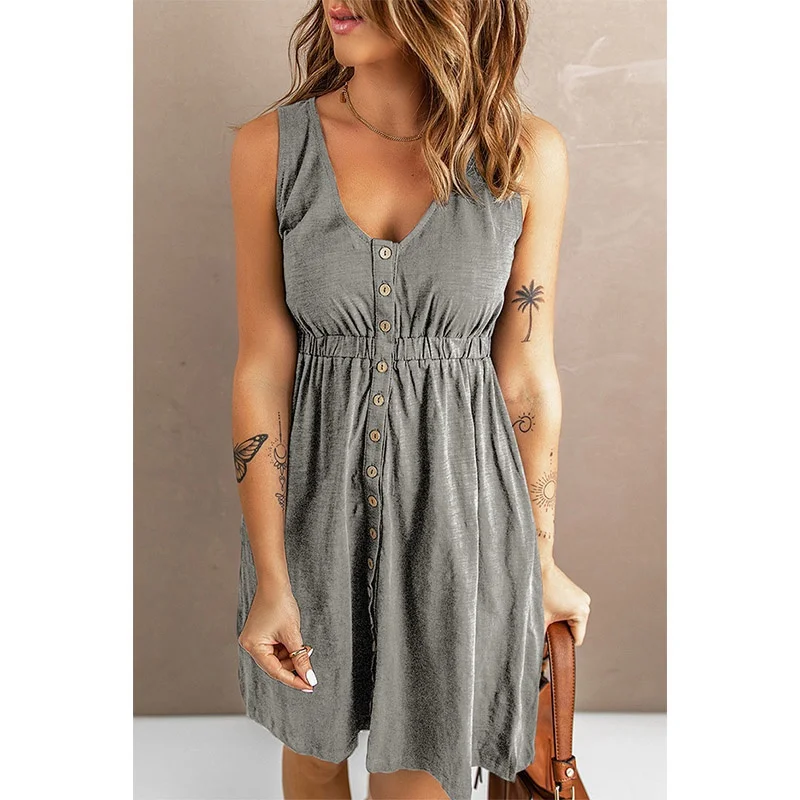 Womens Summer Sleeveless Dress Button Down Elastic Waist Swing Loose Plain Short Dresses Casual Tank Tops Dresses Plus Size Womens Summer Sleeveless Dress Button Down Elastic Waist Swing Loose Plain Short Dresses Casual Tank Tops Dresses Plus Size