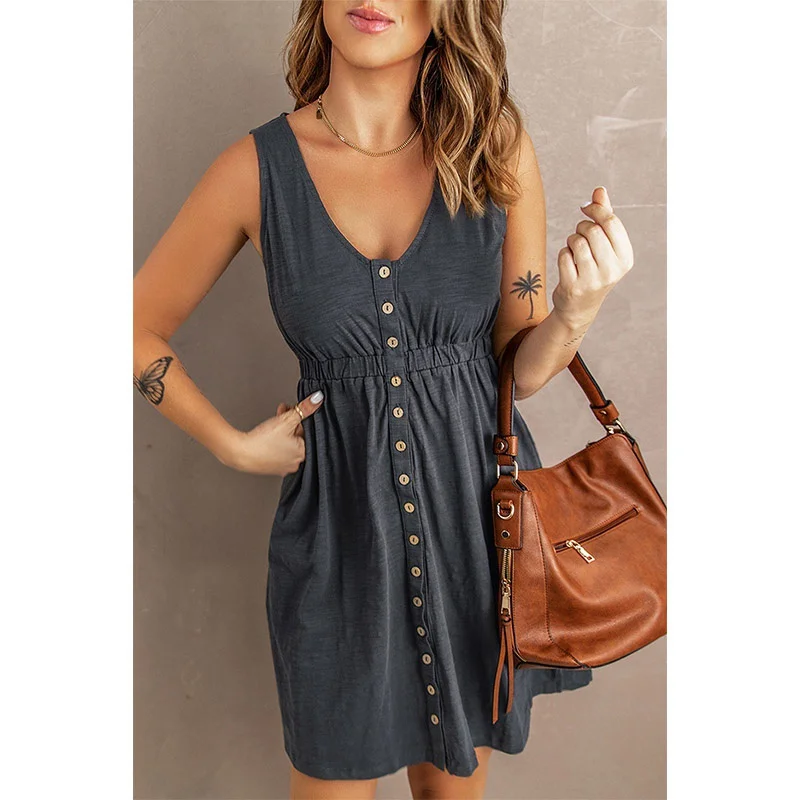 Womens Summer Sleeveless Dress Button Down Elastic Waist Swing Loose Plain Short Dresses Casual Tank Tops Dresses Plus Size Womens Summer Sleeveless Dress Button Down Elastic Waist Swing Loose Plain Short Dresses Casual Tank Tops Dresses Plus Size