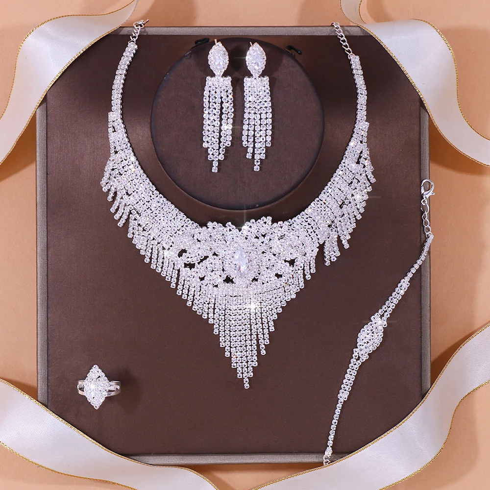 Stonefans Luxury Indian Bridal Jewelry Sets Women Accessories Fashion Tassel Rhinestone Necklace Earrings Sets Wedding Jewelry