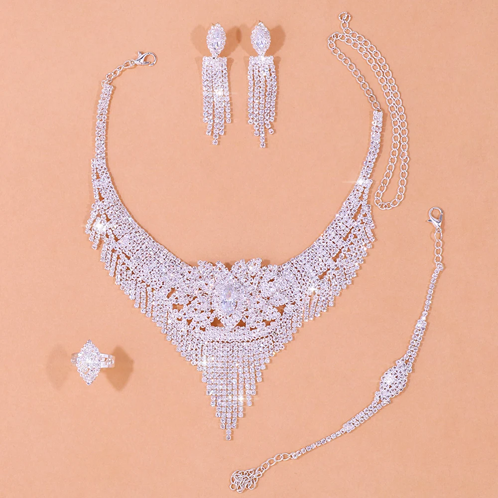 Stonefans Luxury Indian Bridal Jewelry Sets Women Accessories Fashion Tassel Rhinestone Necklace Earrings Sets Wedding Jewelry