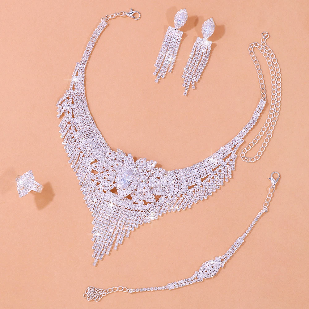 Stonefans Luxury Indian Bridal Jewelry Sets Women Accessories Fashion Tassel Rhinestone Necklace Earrings Sets Wedding Jewelry