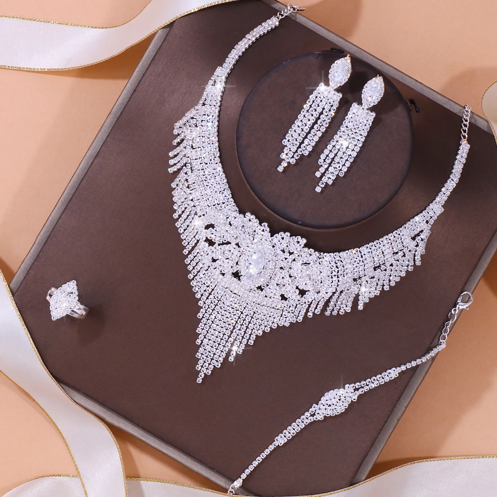 Stonefans Luxury Indian Bridal Jewelry Sets Women Accessories Fashion Tassel Rhinestone Necklace Earrings Sets Wedding Jewelry