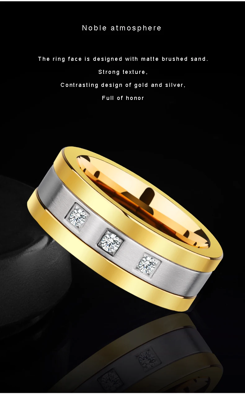 8mm Tungsten Rings for Men Gold Plating Wedding Bands 3 CZ Stone Marriage, Customized