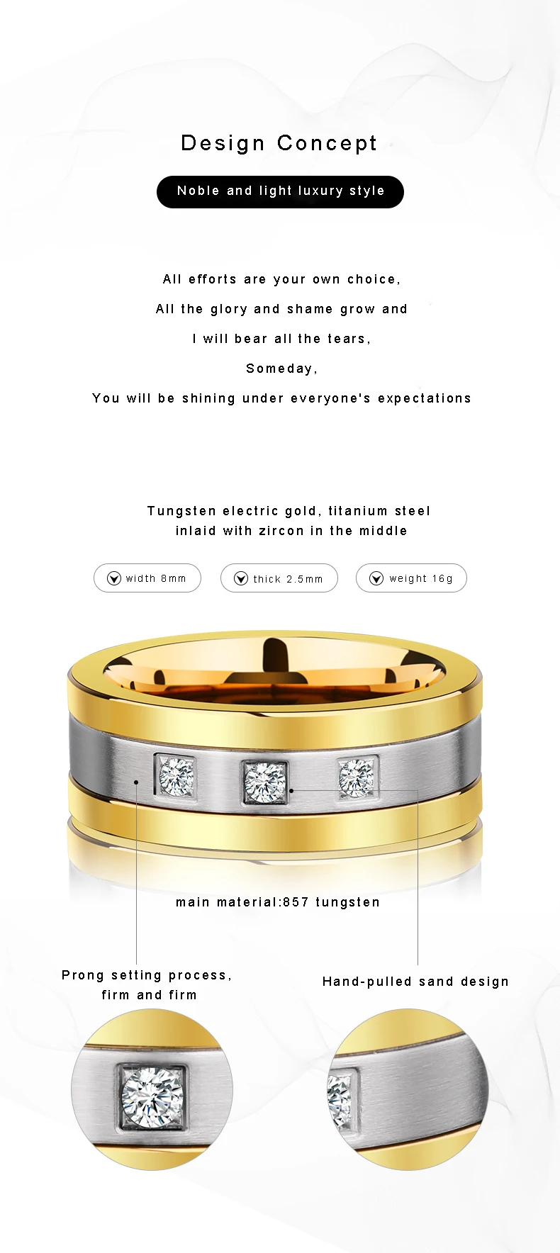 8mm Tungsten Rings for Men Gold Plating Wedding Bands 3 CZ Stone Marriage, Customized