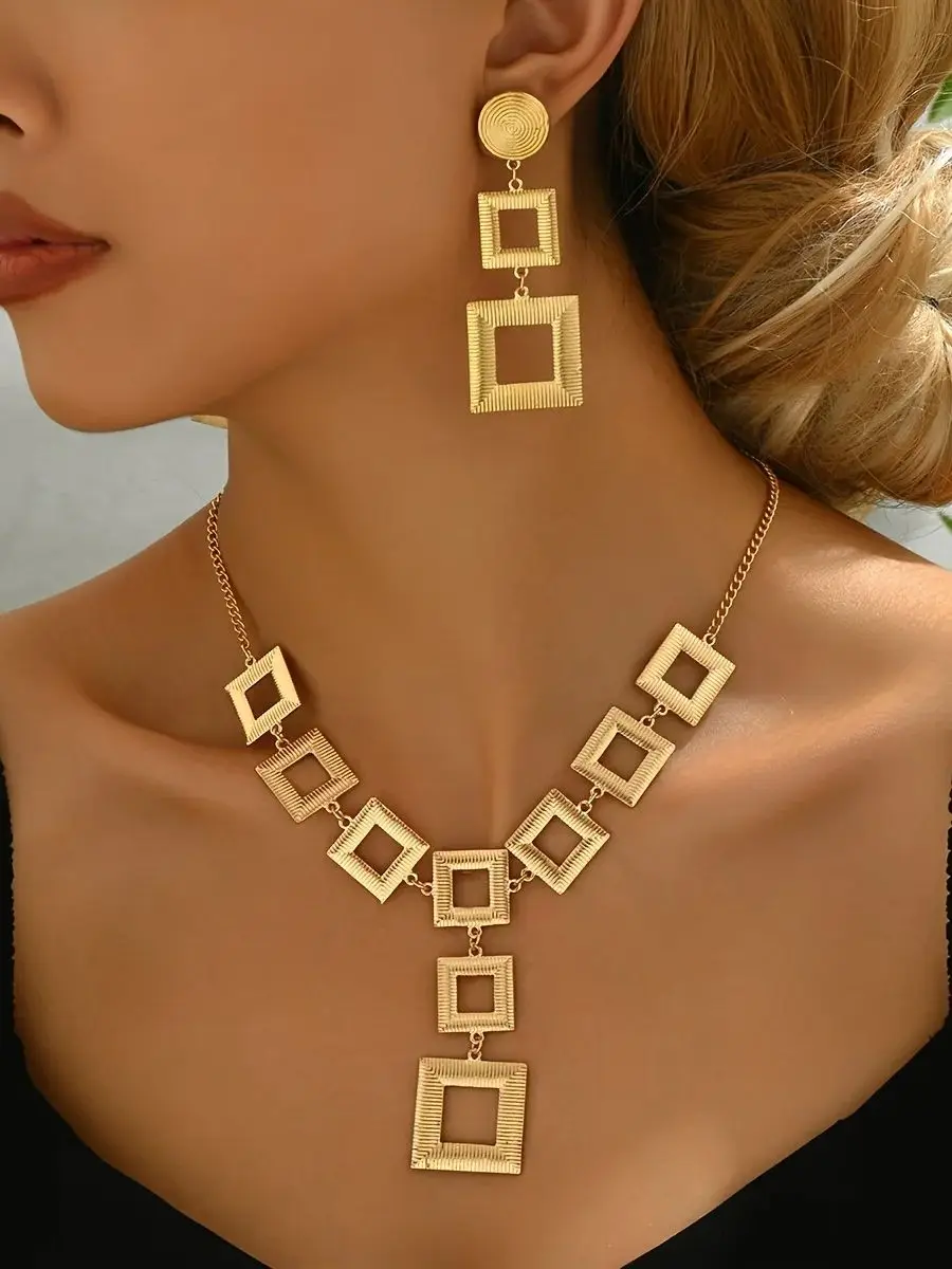 Lxalry 14K Gold Geometric Set, Electroplated Necklace & Earrings, Hypoallergenic 316L, Gift For Everyday Chic To Evening Glamour Lxalry 14K Gold Geometric Set, Electroplated Necklace & Earrings, Hypoallergenic 316L, Gift For Everyday Chic To Evening Glamour