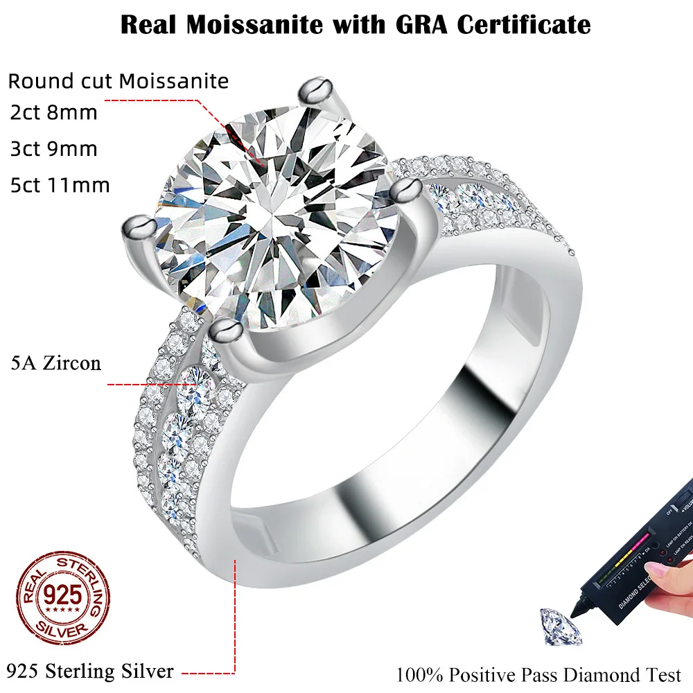 FEOBUR 2/3/5CT Green Moissanite Rings for Women Certified 925 Sterling Silver Lab Diamond Engagement Ring Wedding Jewelry GRA