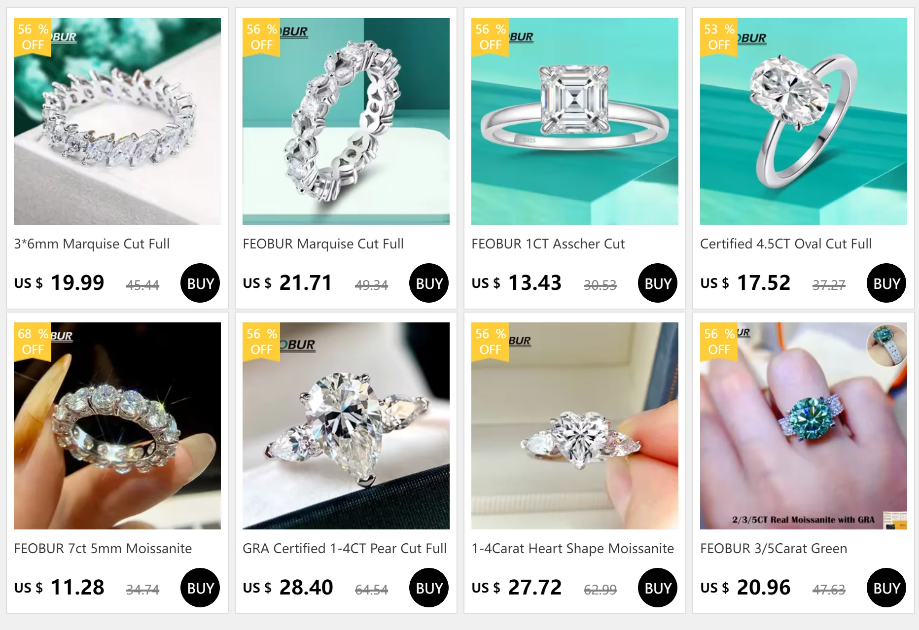 FEOBUR 2/3/5CT Green Moissanite Rings for Women Certified 925 Sterling Silver Lab Diamond Engagement Ring Wedding Jewelry GRA