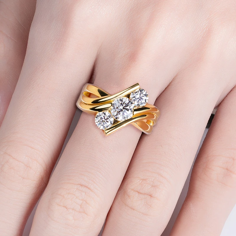 Three Stones 925 Sterling Silver 2 Carat All Moissanite Ring Woman Yellow Color Engagement Jewelry Three Stones 925 Sterling Silver 2 Carat All Moissanite Ring Woman Yellow Color Engagement Jewelry