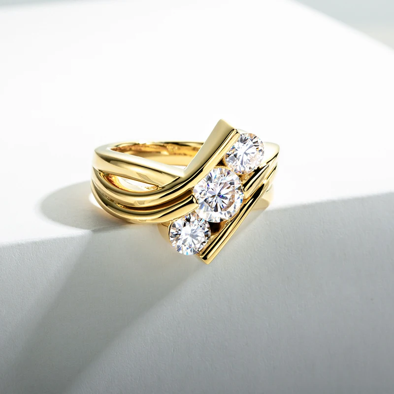 Three Stones 925 Sterling Silver 2 Carat All Moissanite Ring Woman Yellow Color Engagement Jewelry Three Stones 925 Sterling Silver 2 Carat All Moissanite Ring Woman Yellow Color Engagement Jewelry