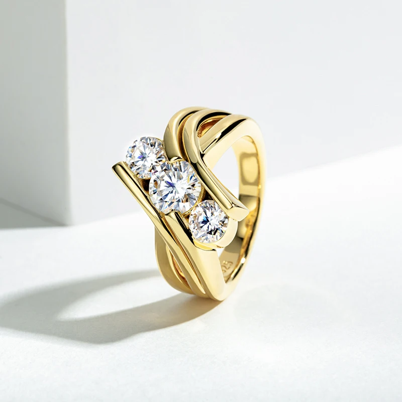 Three Stones 925 Sterling Silver 2 Carat All Moissanite Ring Woman Yellow Color Engagement Jewelry Three Stones 925 Sterling Silver 2 Carat All Moissanite Ring Woman Yellow Color Engagement Jewelry