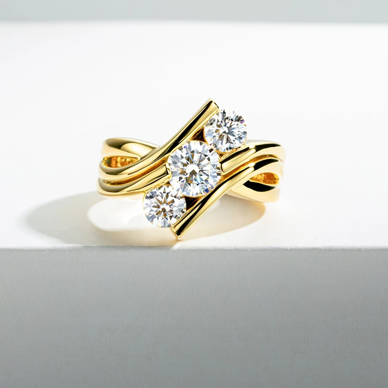 Three Stones 925 Sterling Silver 2 Carat All Moissanite Ring Woman Yellow Color Engagement Jewelry Three Stones 925 Sterling Silver 2 Carat All Moissanite Ring Woman Yellow Color Engagement Jewelry