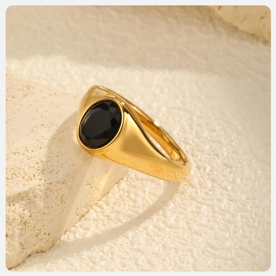 Vnox Minimalist Round Zircon Inlaid Rings For Women Men Stainless Steel Gold Color Elliptical Stone Ring Jewelry Never Lose