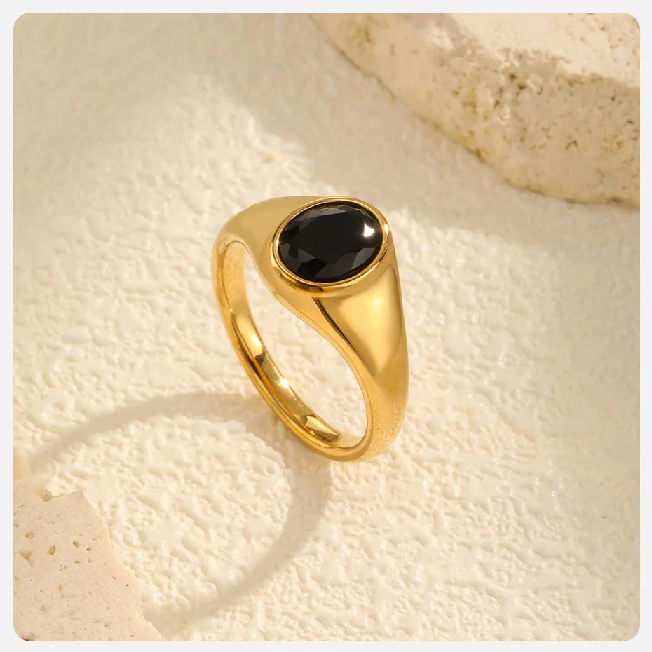 Vnox Minimalist Round Zircon Inlaid Rings For Women Men Stainless Steel Gold Color Elliptical Stone Ring Jewelry Never Lose