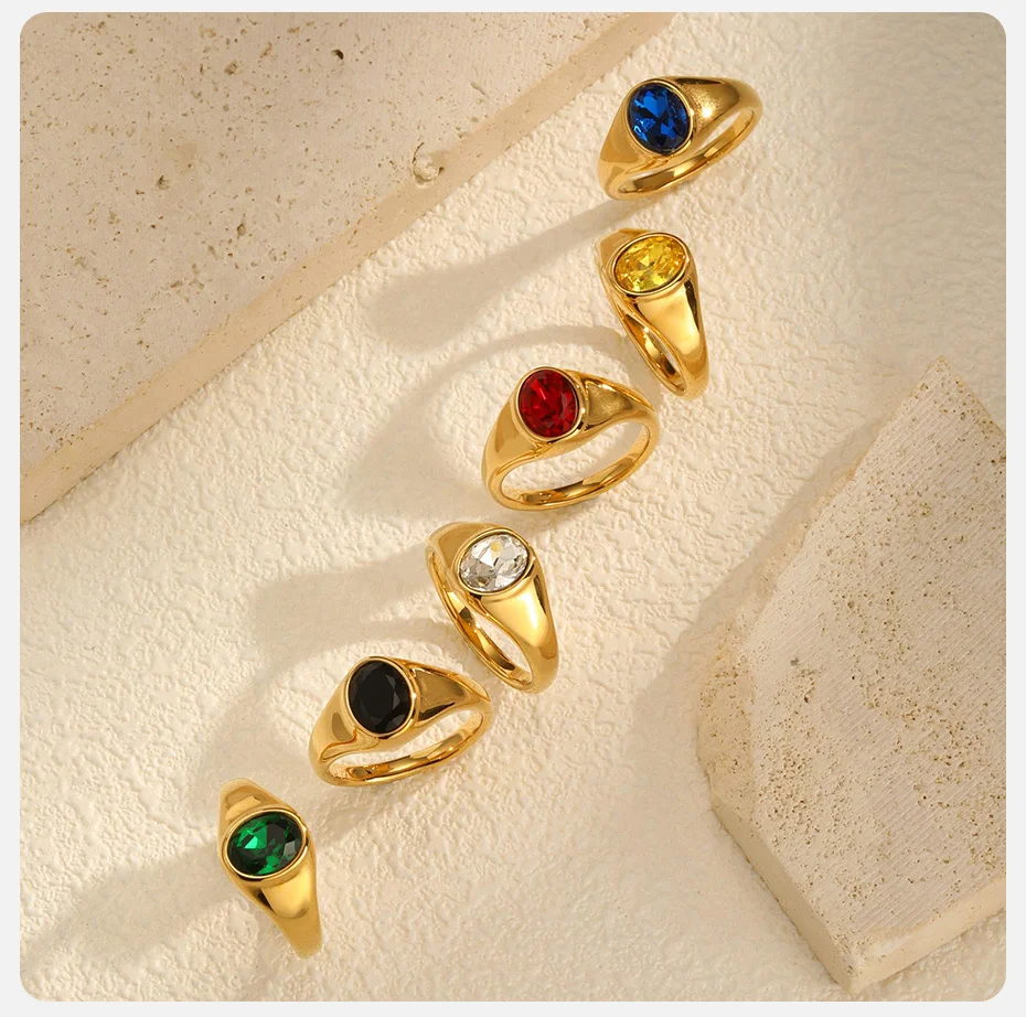 Vnox Minimalist Round Zircon Inlaid Rings For Women Men Stainless Steel Gold Color Elliptical Stone Ring Jewelry Never Lose