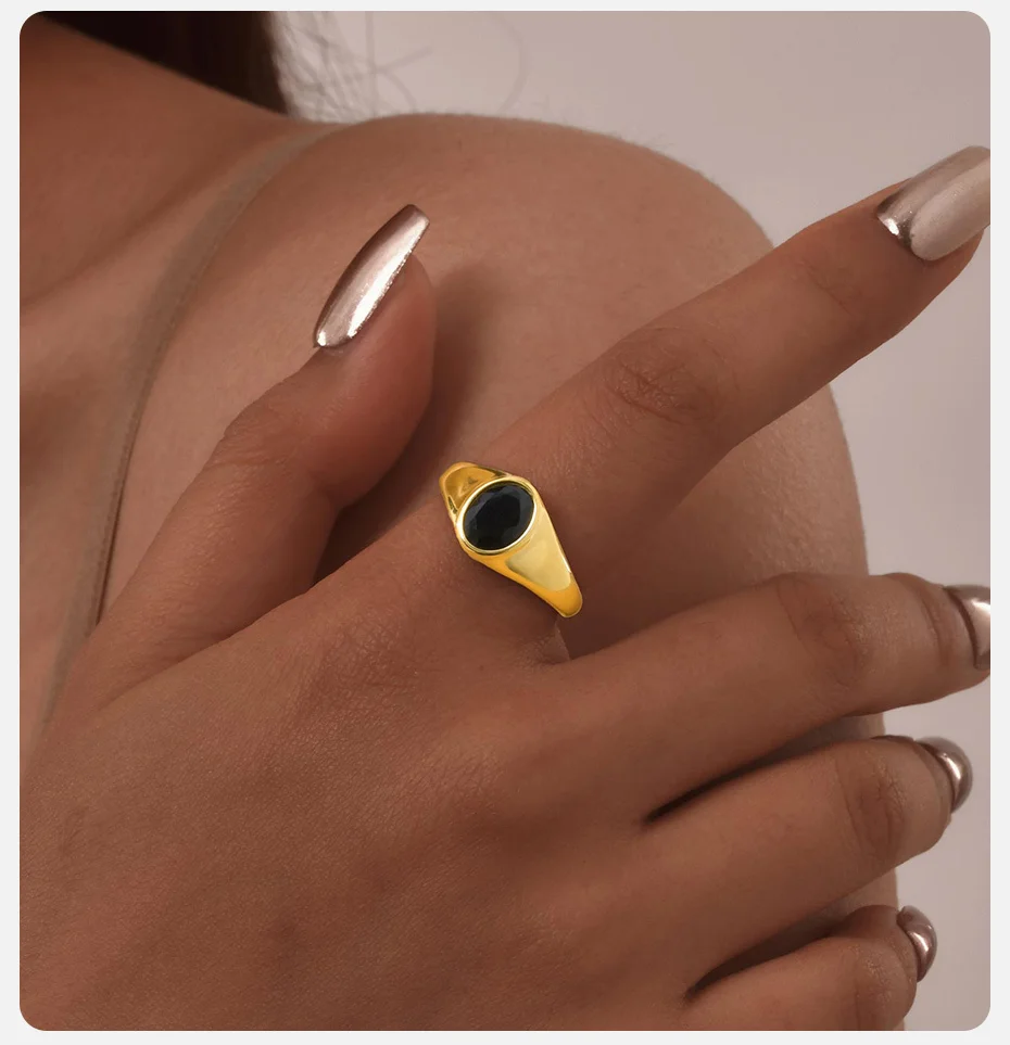 Vnox Minimalist Round Zircon Inlaid Rings For Women Men Stainless Steel Gold Color Elliptical Stone Ring Jewelry Never Lose
