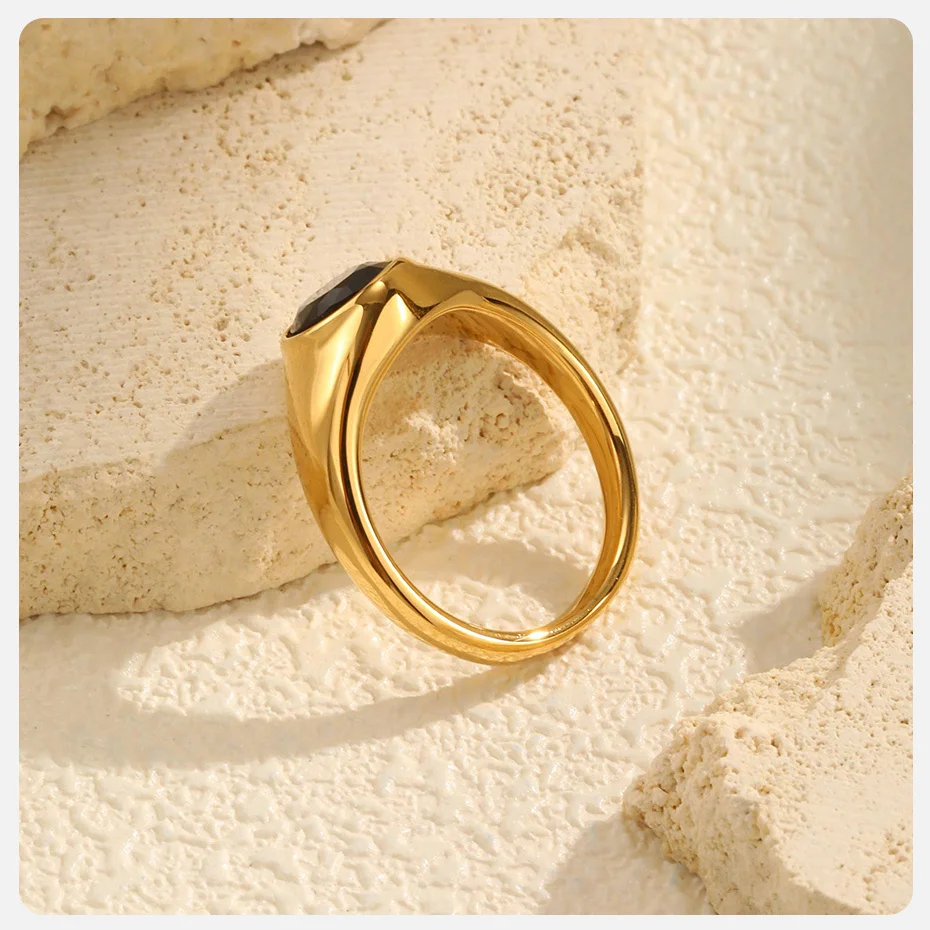 Vnox Minimalist Round Zircon Inlaid Rings For Women Men Stainless Steel Gold Color Elliptical Stone Ring Jewelry Never Lose
