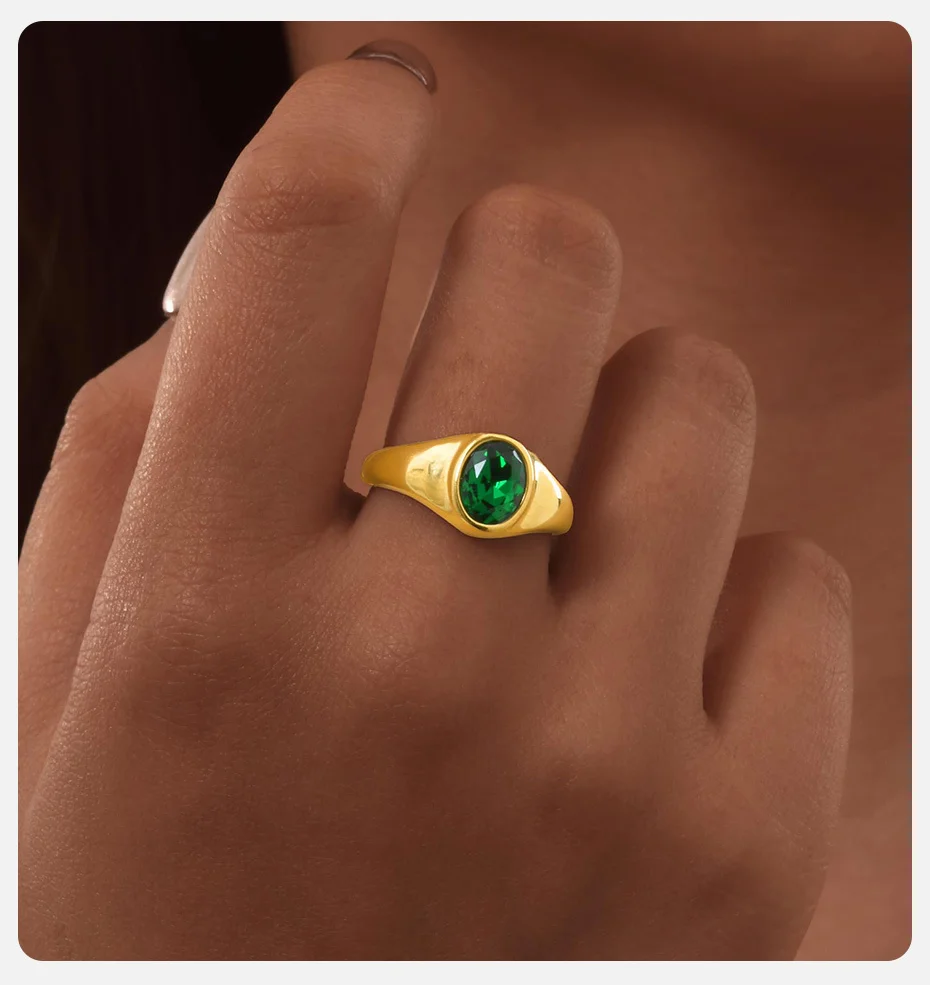 Vnox Minimalist Round Zircon Inlaid Rings For Women Men Stainless Steel Gold Color Elliptical Stone Ring Jewelry Never Lose