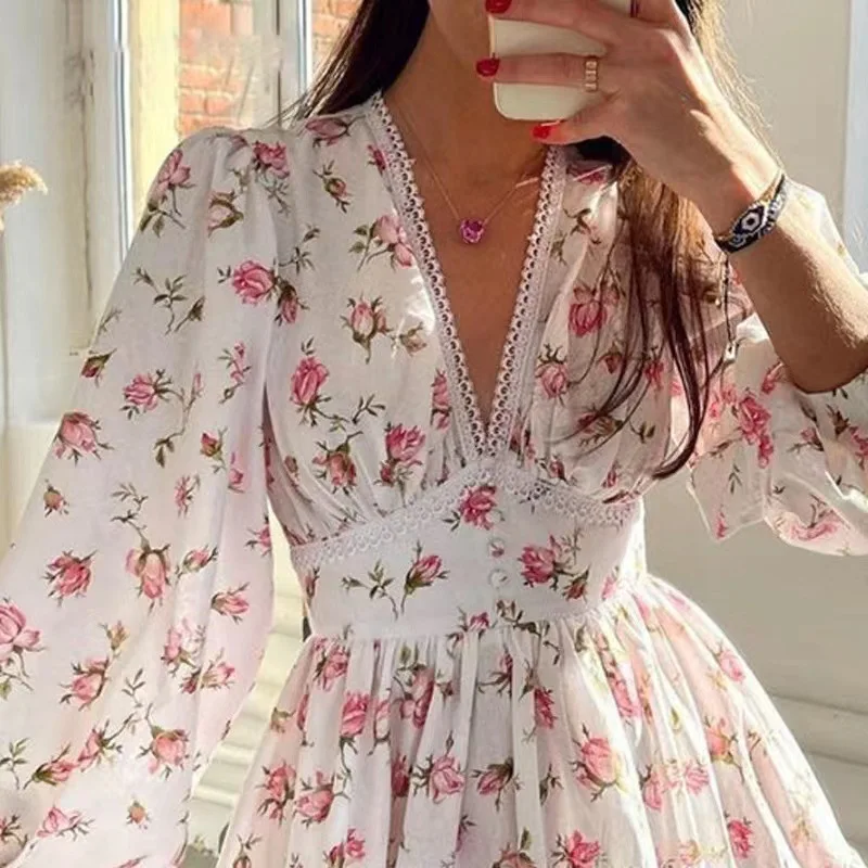 Women Floral Print Mini Dress High Waist A-Line Summer Autumn Long Sleeve V Neck Dresses Vintage Beach Vacation Casual Vestidos Women Floral Print Mini Dress High Waist A-Line Summer Autumn Long Sleeve V Neck Dresses Vintage Beach Vacation Casual Vestidos