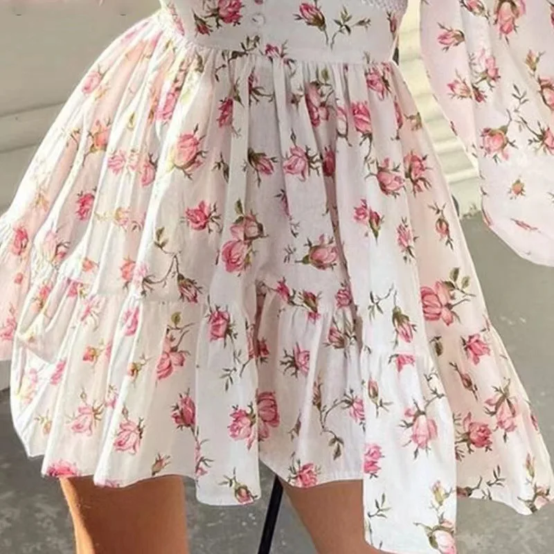 Women Floral Print Mini Dress High Waist A-Line Summer Autumn Long Sleeve V Neck Dresses Vintage Beach Vacation Casual Vestidos Women Floral Print Mini Dress High Waist A-Line Summer Autumn Long Sleeve V Neck Dresses Vintage Beach Vacation Casual Vestidos