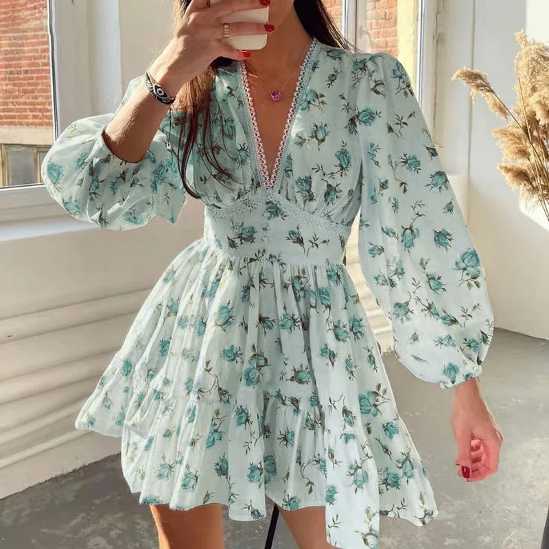 Women Floral Print Mini Dress High Waist A-Line Summer Autumn Long Sleeve V Neck Dresses Vintage Beach Vacation Casual Vestidos Women Floral Print Mini Dress High Waist A-Line Summer Autumn Long Sleeve V Neck Dresses Vintage Beach Vacation Casual Vestidos