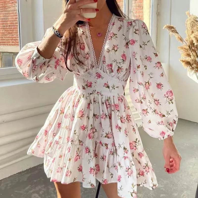 Women Floral Print Mini Dress High Waist A-Line Summer Autumn Long Sleeve V Neck Dresses Vintage Beach Vacation Casual Vestidos Women Floral Print Mini Dress High Waist A-Line Summer Autumn Long Sleeve V Neck Dresses Vintage Beach Vacation Casual Vestidos
