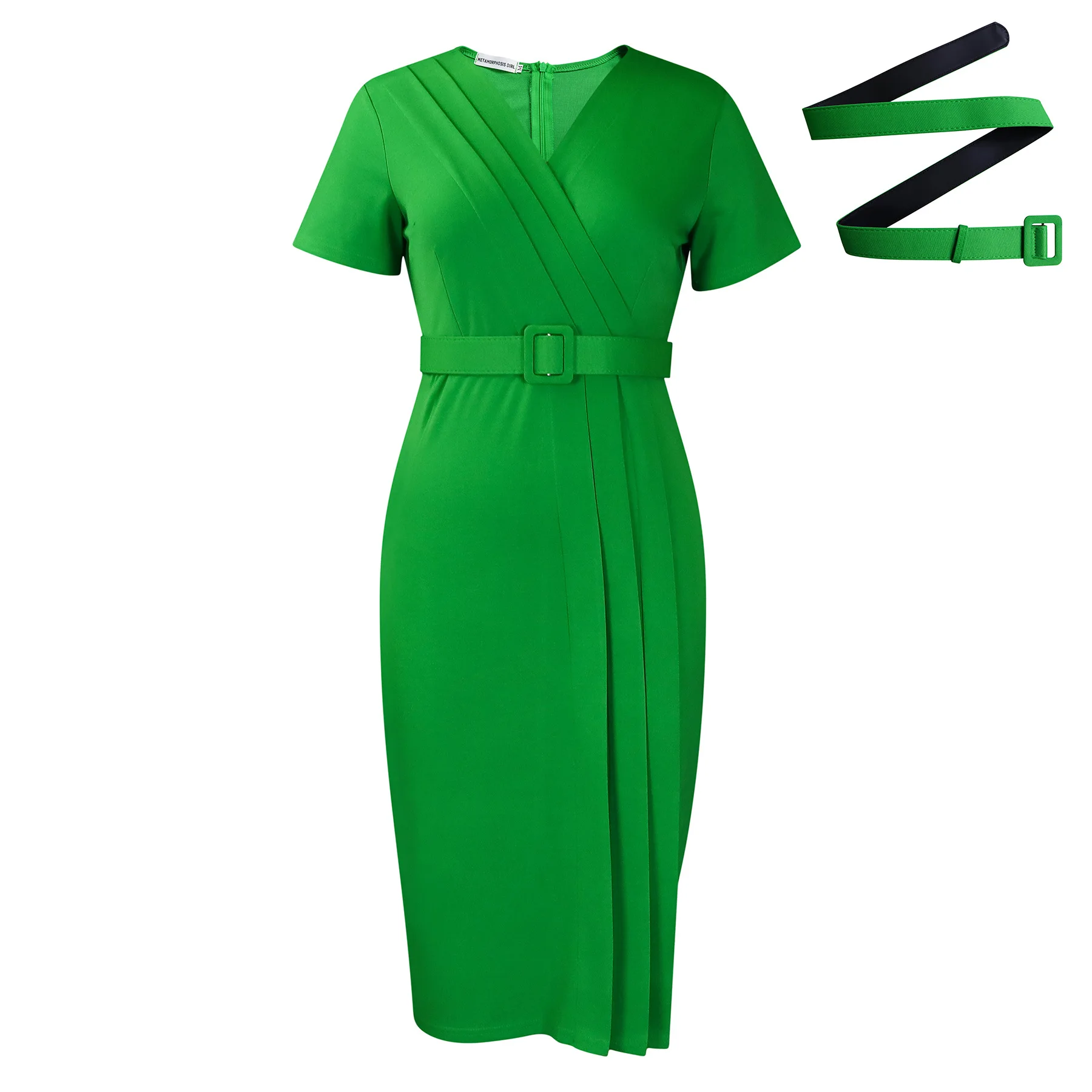 Summer New 2025 Women's Solid Color V-Neck Short Sleeve Dress Pencil Skirt Waist Tunle Material Fashionable Casual Maxi Dress