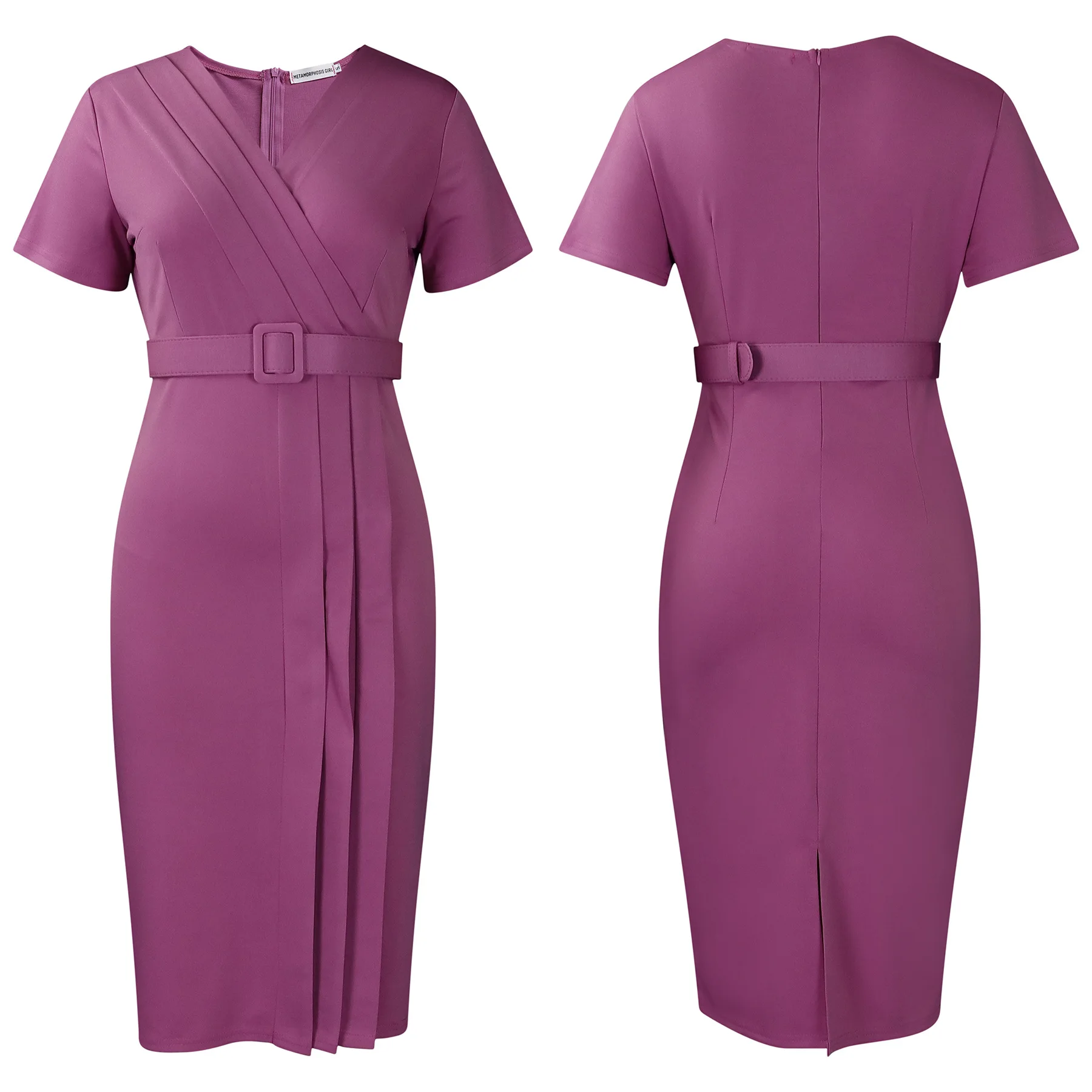 Summer New 2025 Women's Solid Color V-Neck Short Sleeve Dress Pencil Skirt Waist Tunle Material Fashionable Casual Maxi Dress