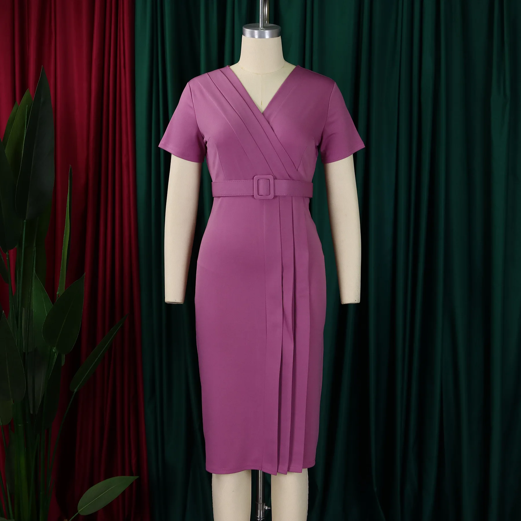 Summer New 2025 Women's Solid Color V-Neck Short Sleeve Dress Pencil Skirt Waist Tunle Material Fashionable Casual Maxi Dress