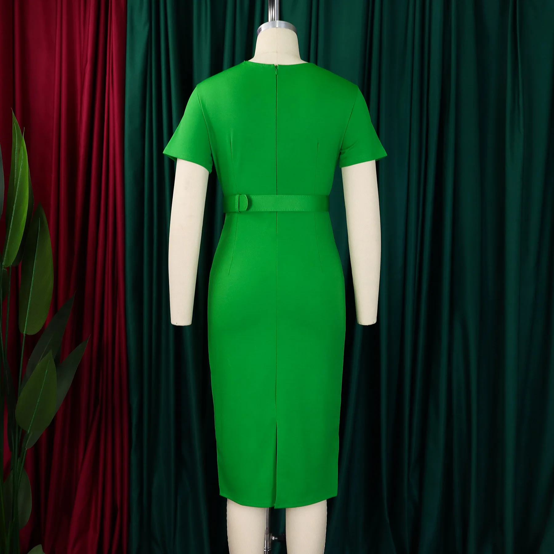 Summer New 2025 Women's Solid Color V-Neck Short Sleeve Dress Pencil Skirt Waist Tunle Material Fashionable Casual Maxi Dress