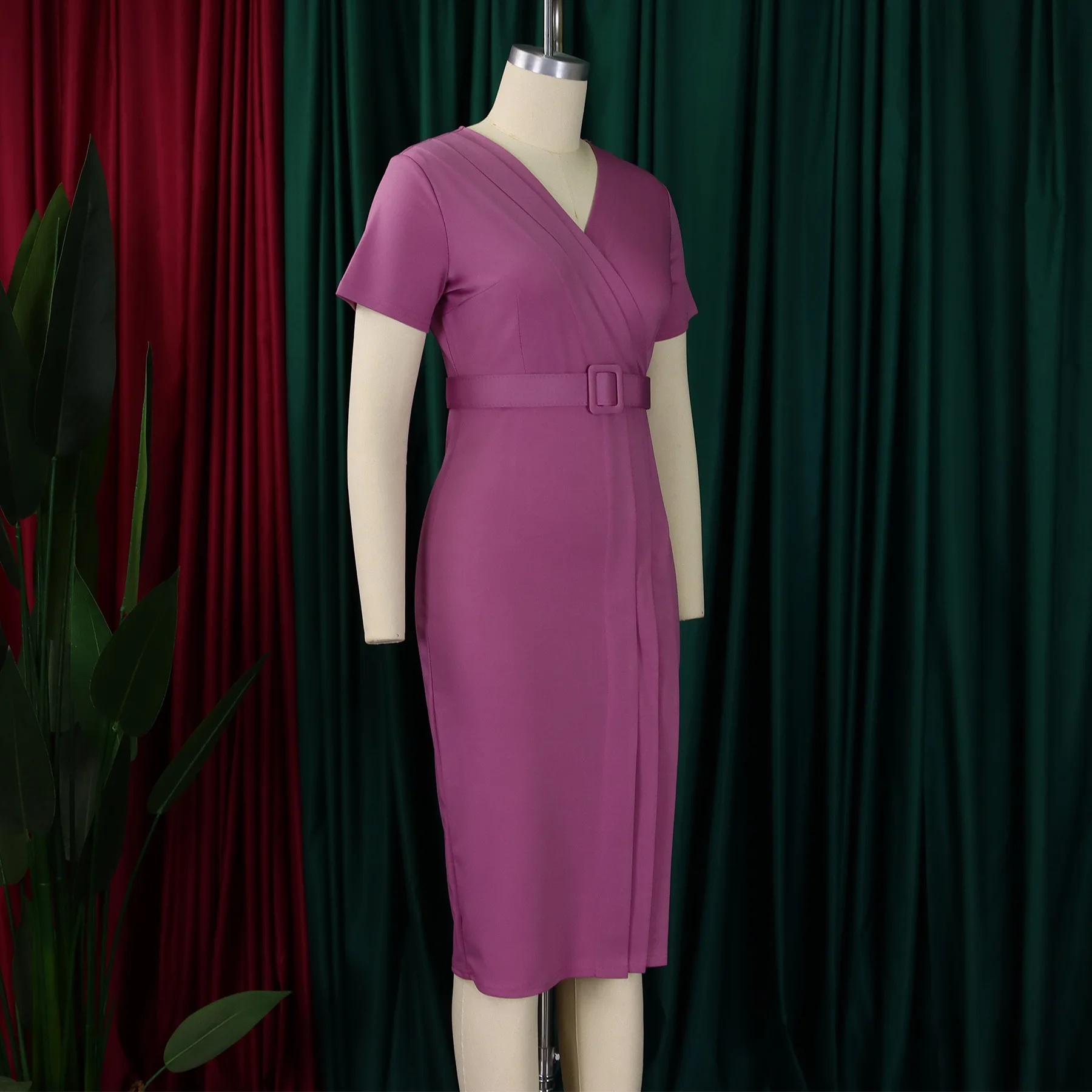 Summer New 2025 Women's Solid Color V-Neck Short Sleeve Dress Pencil Skirt Waist Tunle Material Fashionable Casual Maxi Dress