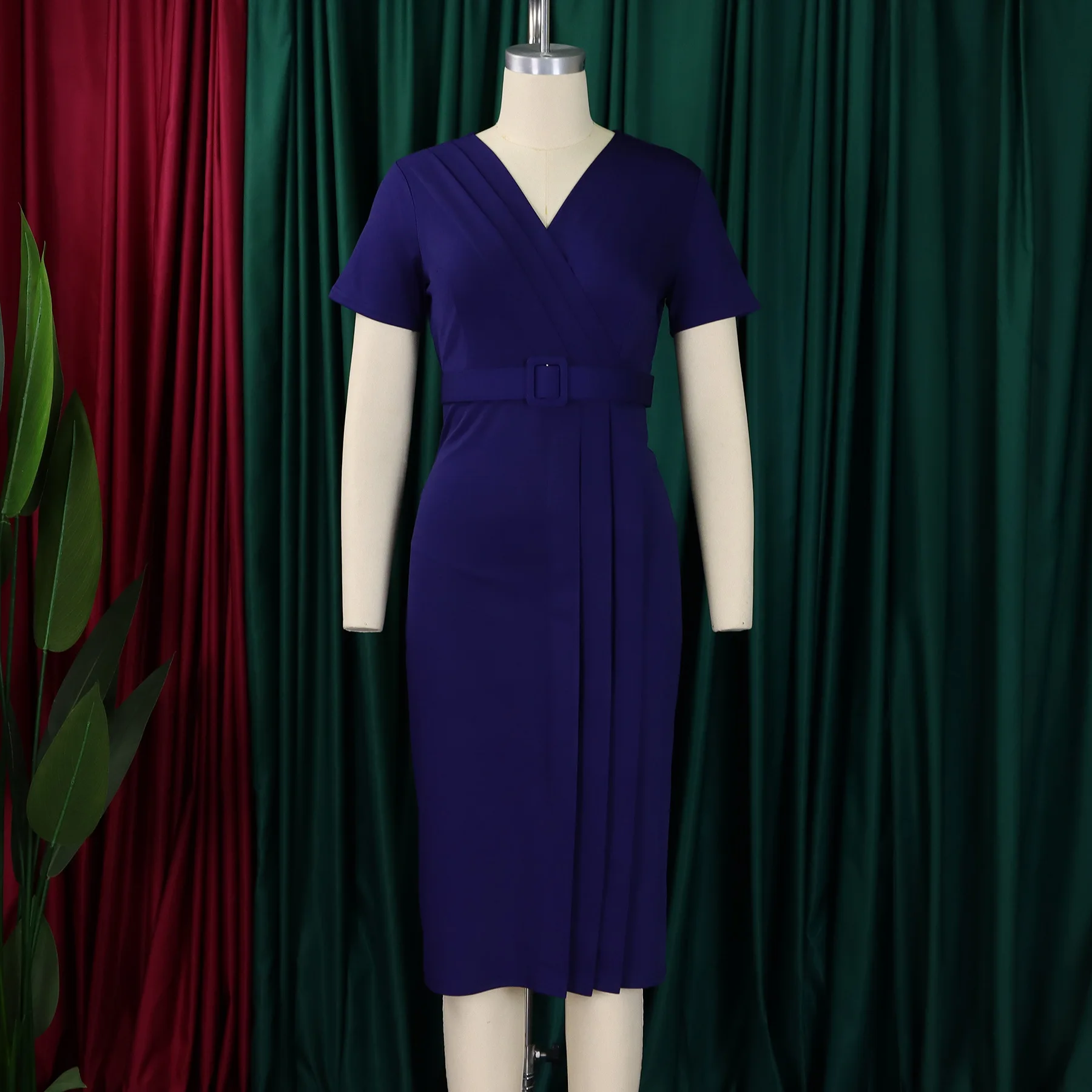Summer New 2025 Women's Solid Color V-Neck Short Sleeve Dress Pencil Skirt Waist Tunle Material Fashionable Casual Maxi Dress